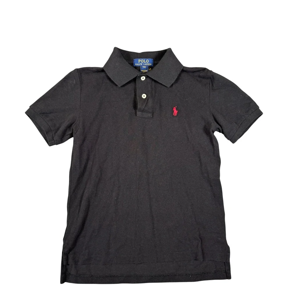Polo Ralph Lauren Boys Black Short Sleeve Pique Polo Shirt Red Pony Size S 8